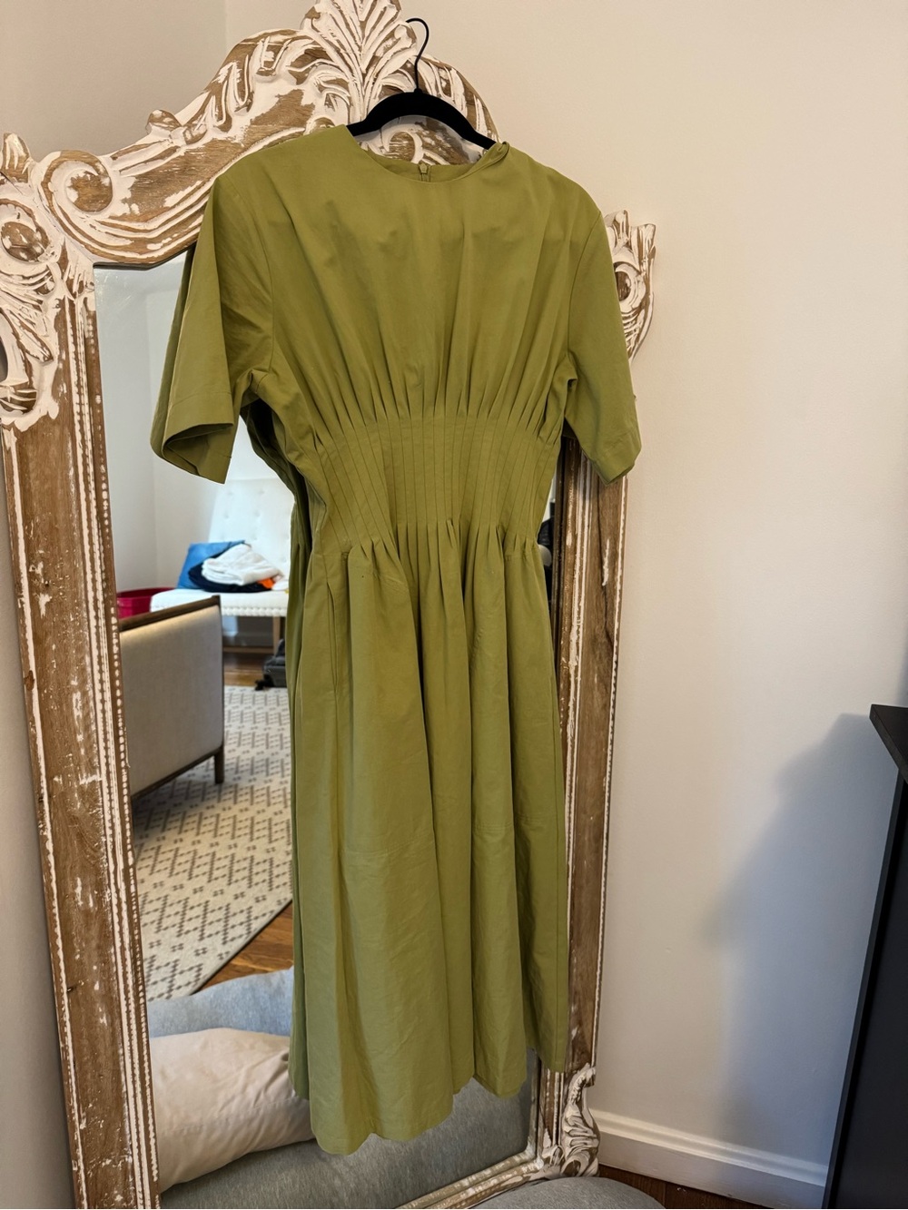 Olive Green Pleated Waist Midi Dress
